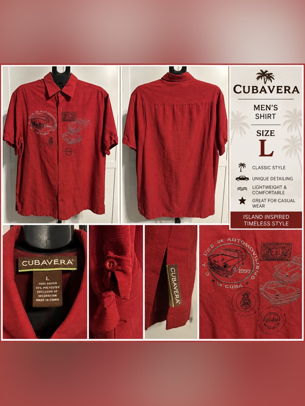 Cubavera Red Embroidered Vintage Cuban Car Camp Shirt L